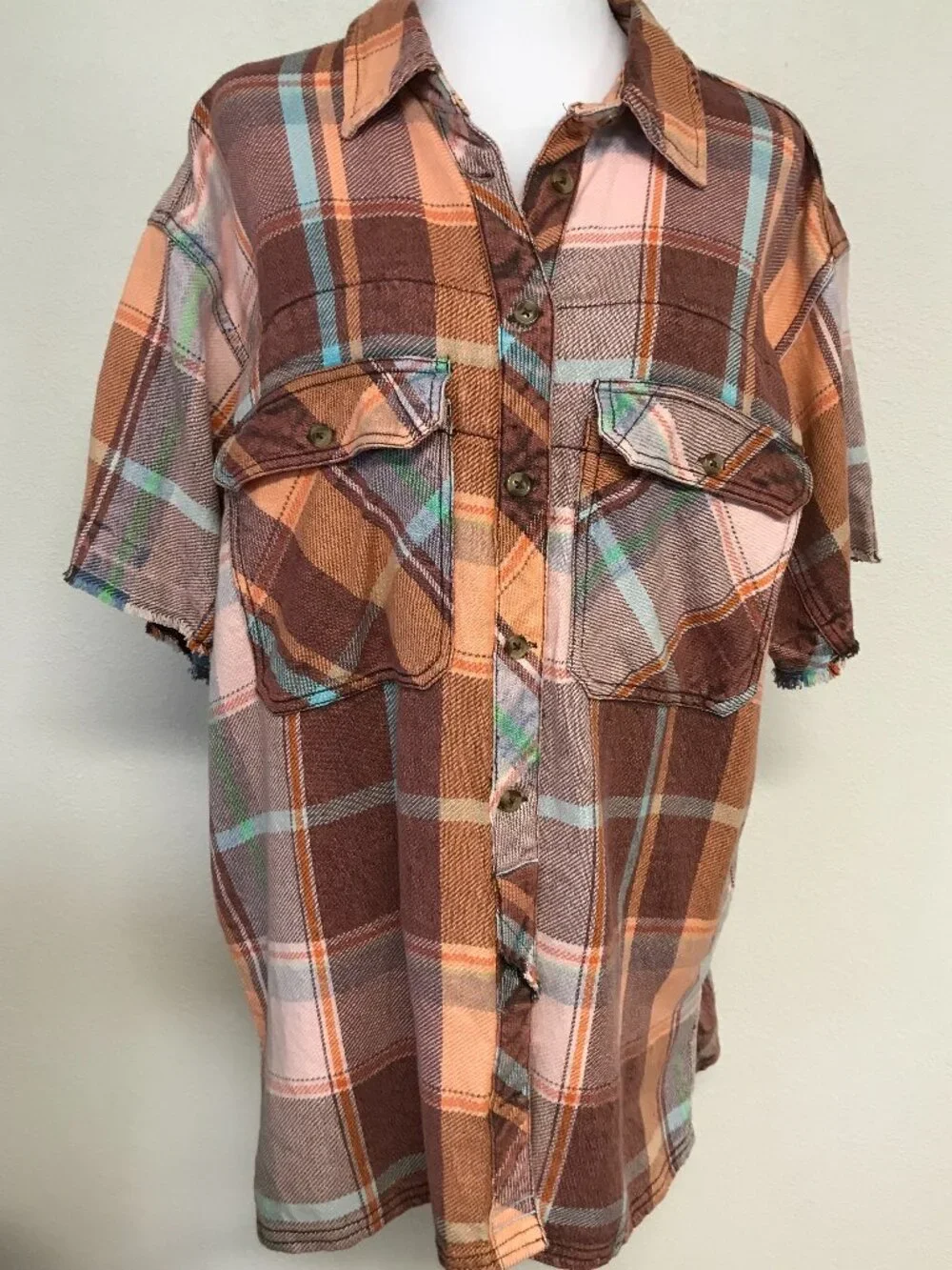Free People We The Free Vintage Crush Plaid Shirt Brown Combo M NWOT Cotton - Picture 5 of 11